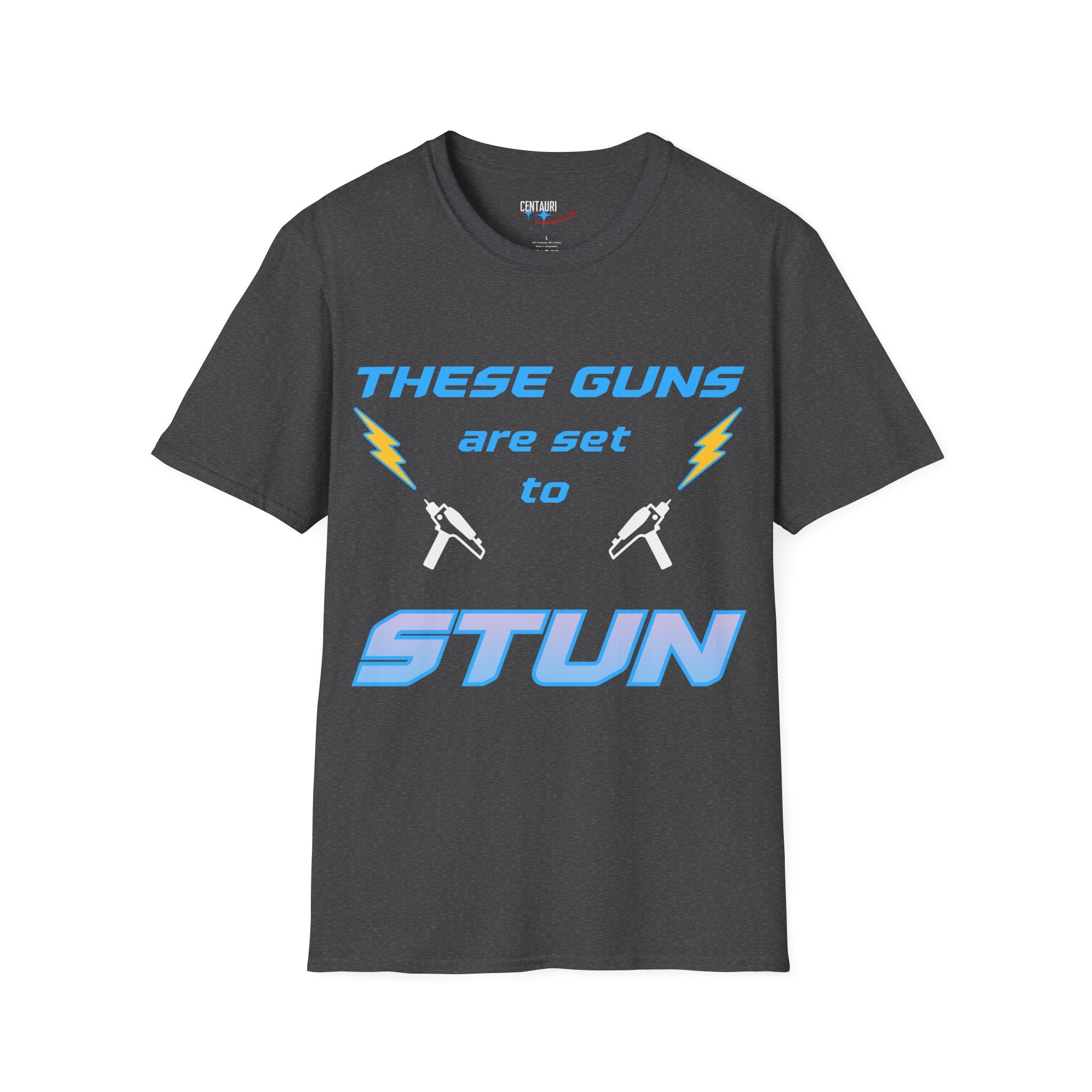 These Guns Are Set to Stun T-Shirt | Lightning Bolt Retro Text Tee