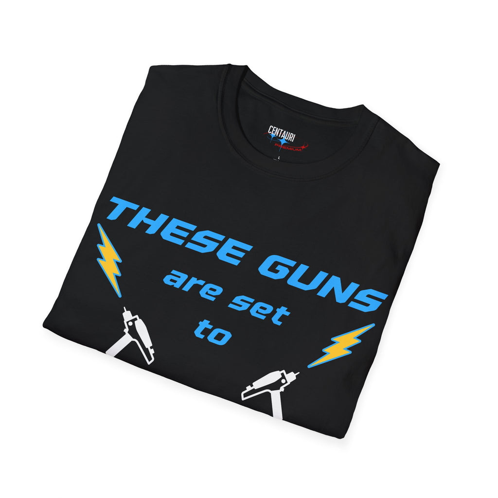 These Guns Are Set to Stun T-Shirt | Lightning Bolt Retro Text Tee