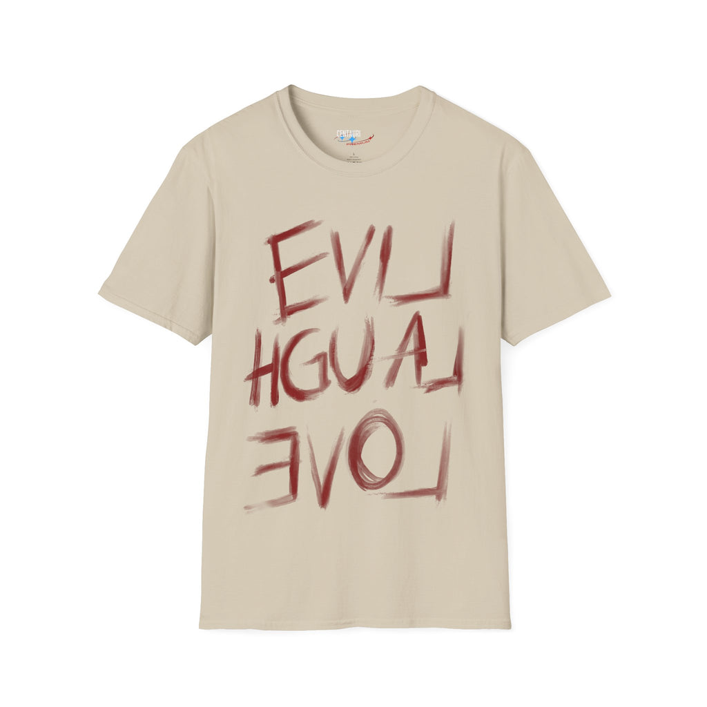 Evil Laugh Love T-Shirt | Horror Style Mirror Text Tee