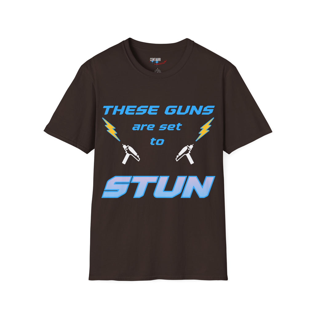 These Guns Are Set to Stun T-Shirt | Lightning Bolt Retro Text Tee