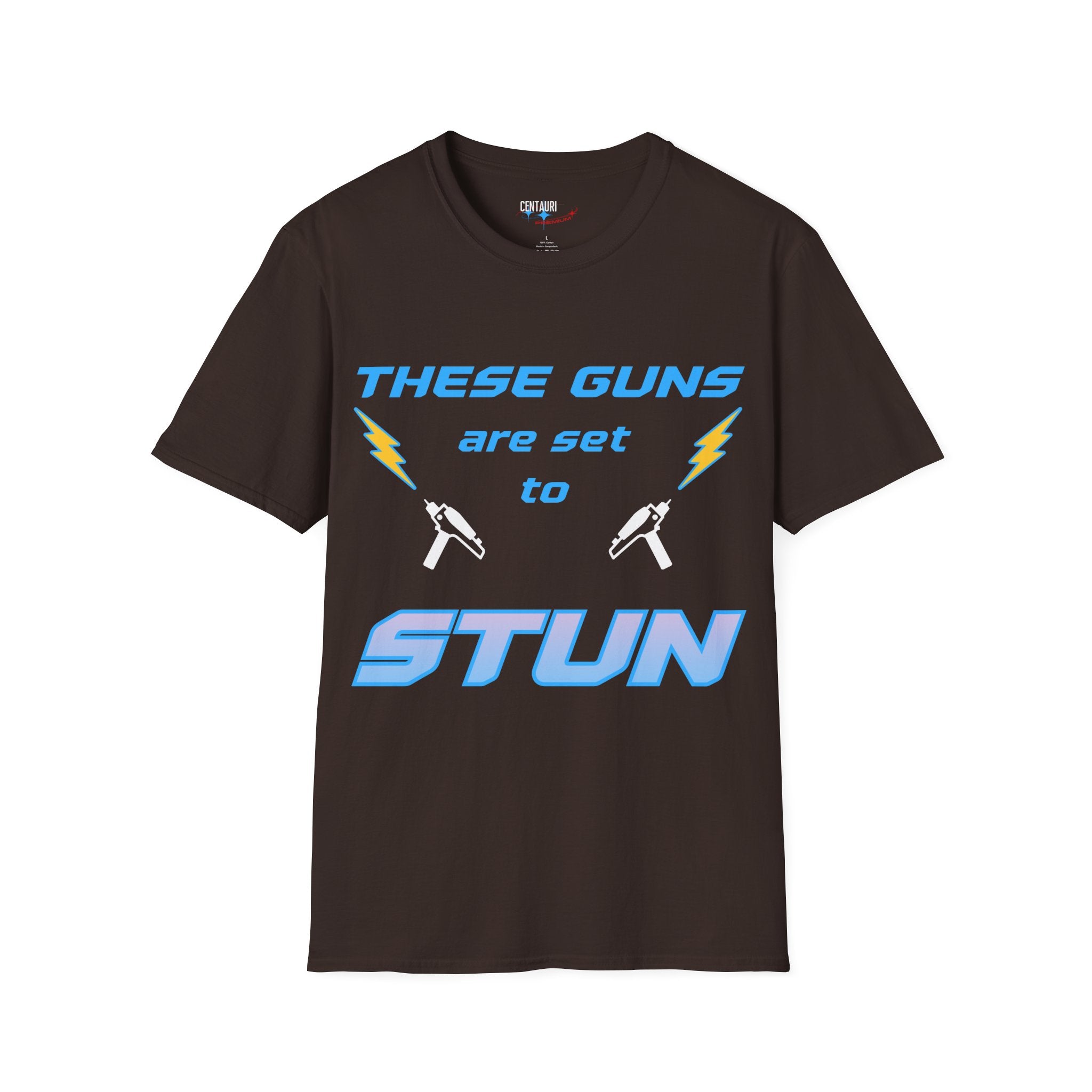 These Guns Are Set to Stun T-Shirt | Lightning Bolt Retro Text Tee