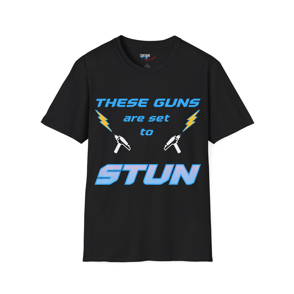 These Guns Are Set to Stun T-Shirt | Lightning Bolt Retro Text Tee