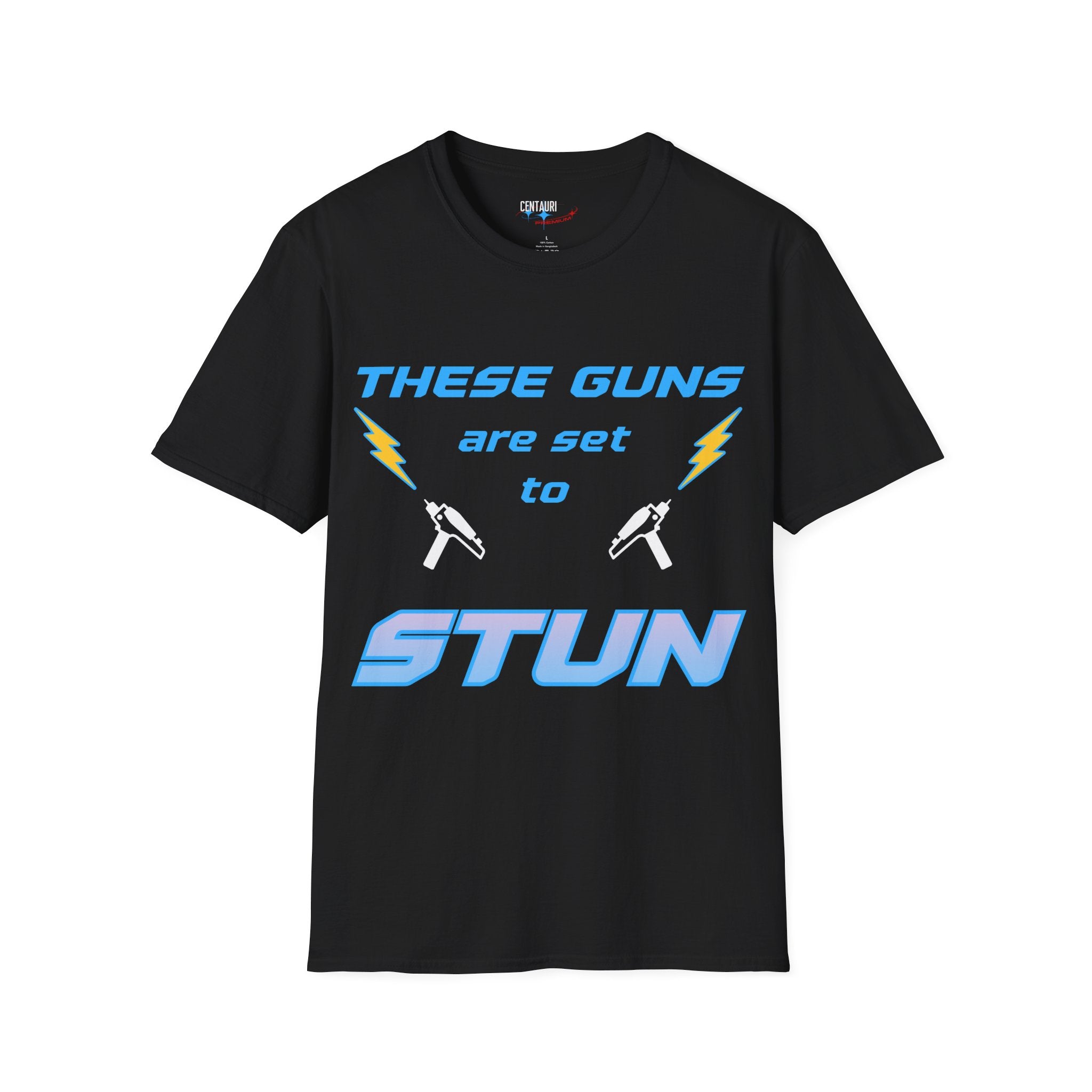 These Guns Are Set to Stun T-Shirt | Lightning Bolt Retro Text Tee
