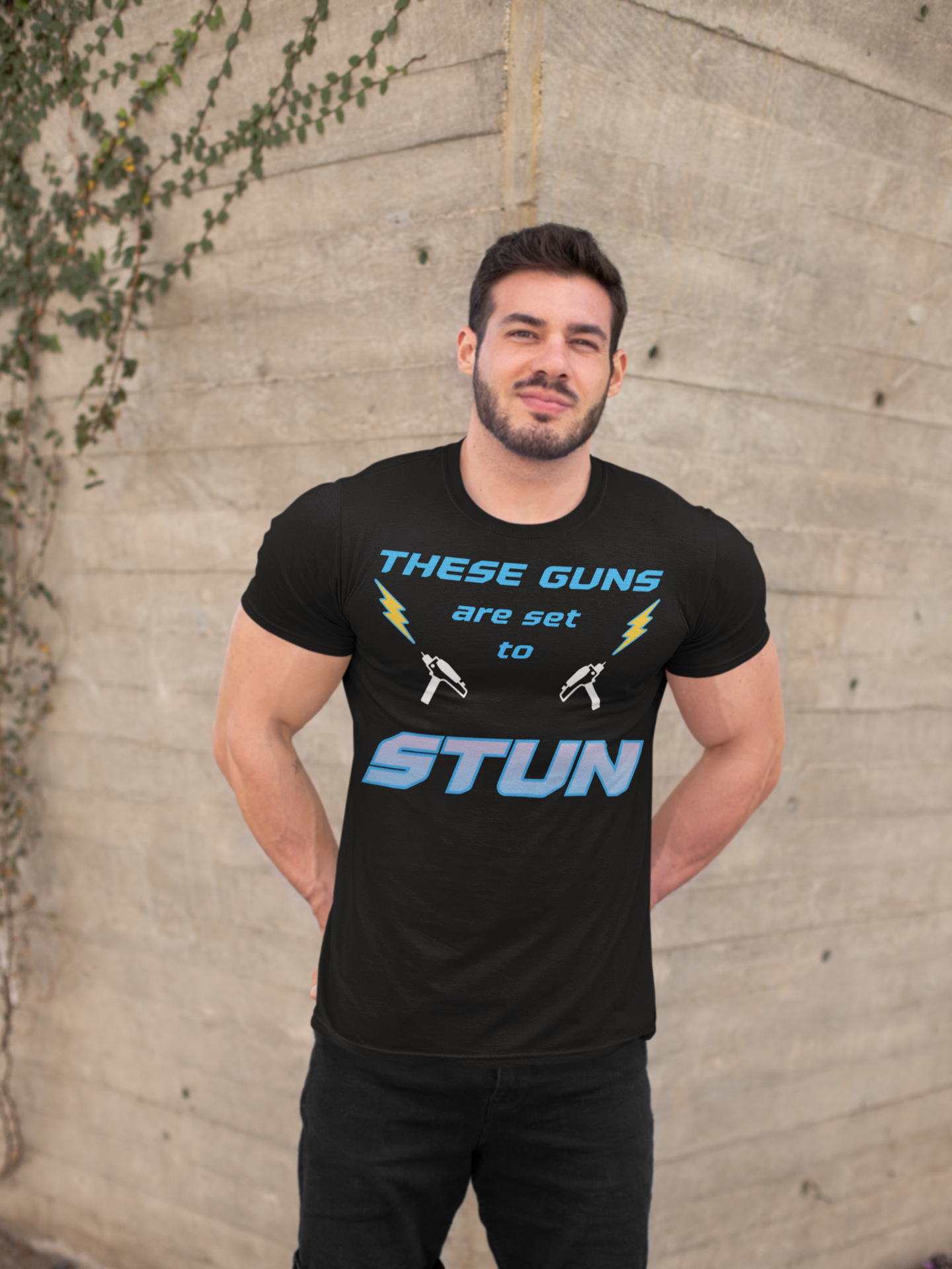 These Guns Are Set to Stun T-Shirt | Lightning Bolt Retro Text Tee