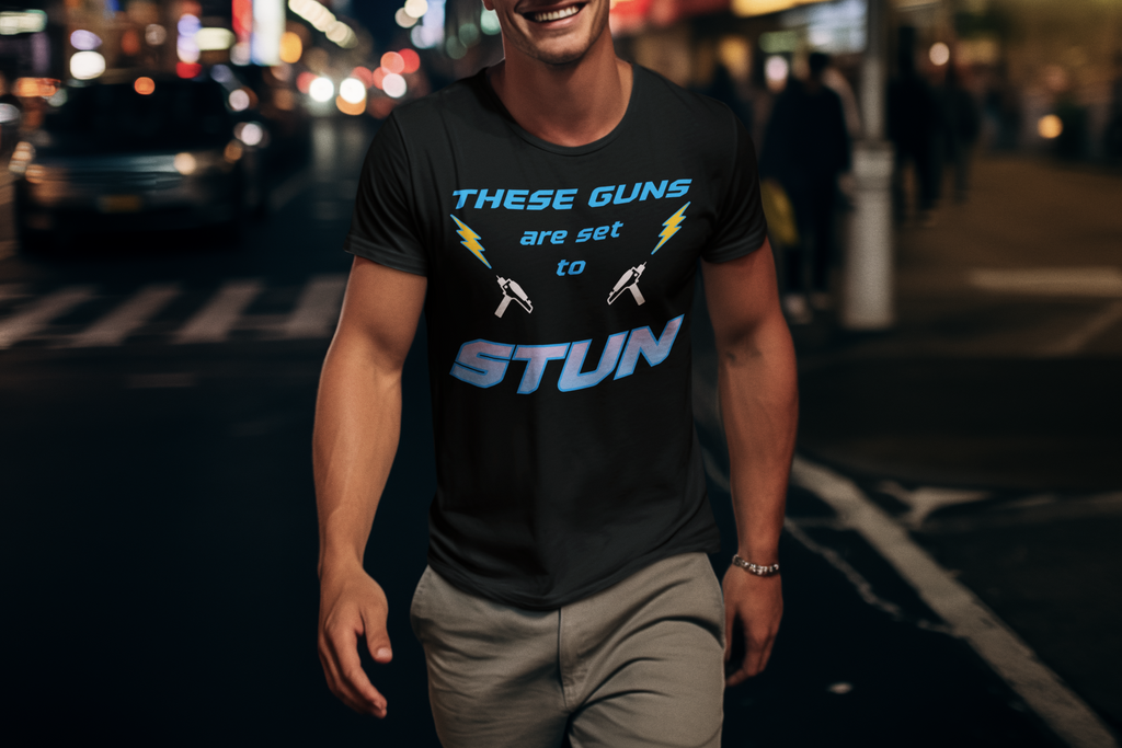 These Guns Are Set to Stun T-Shirt | Lightning Bolt Retro Text Tee