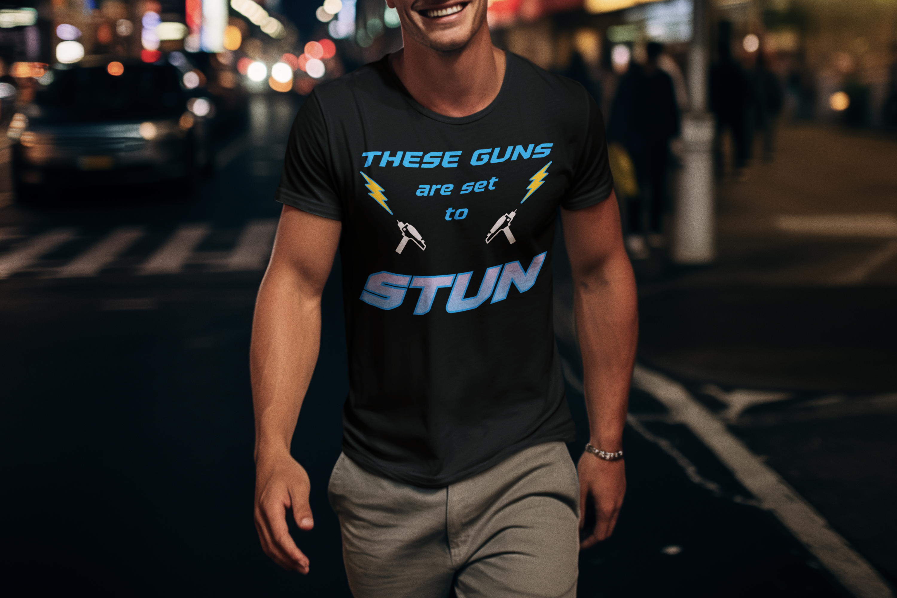 These Guns Are Set to Stun T-Shirt | Lightning Bolt Retro Text Tee