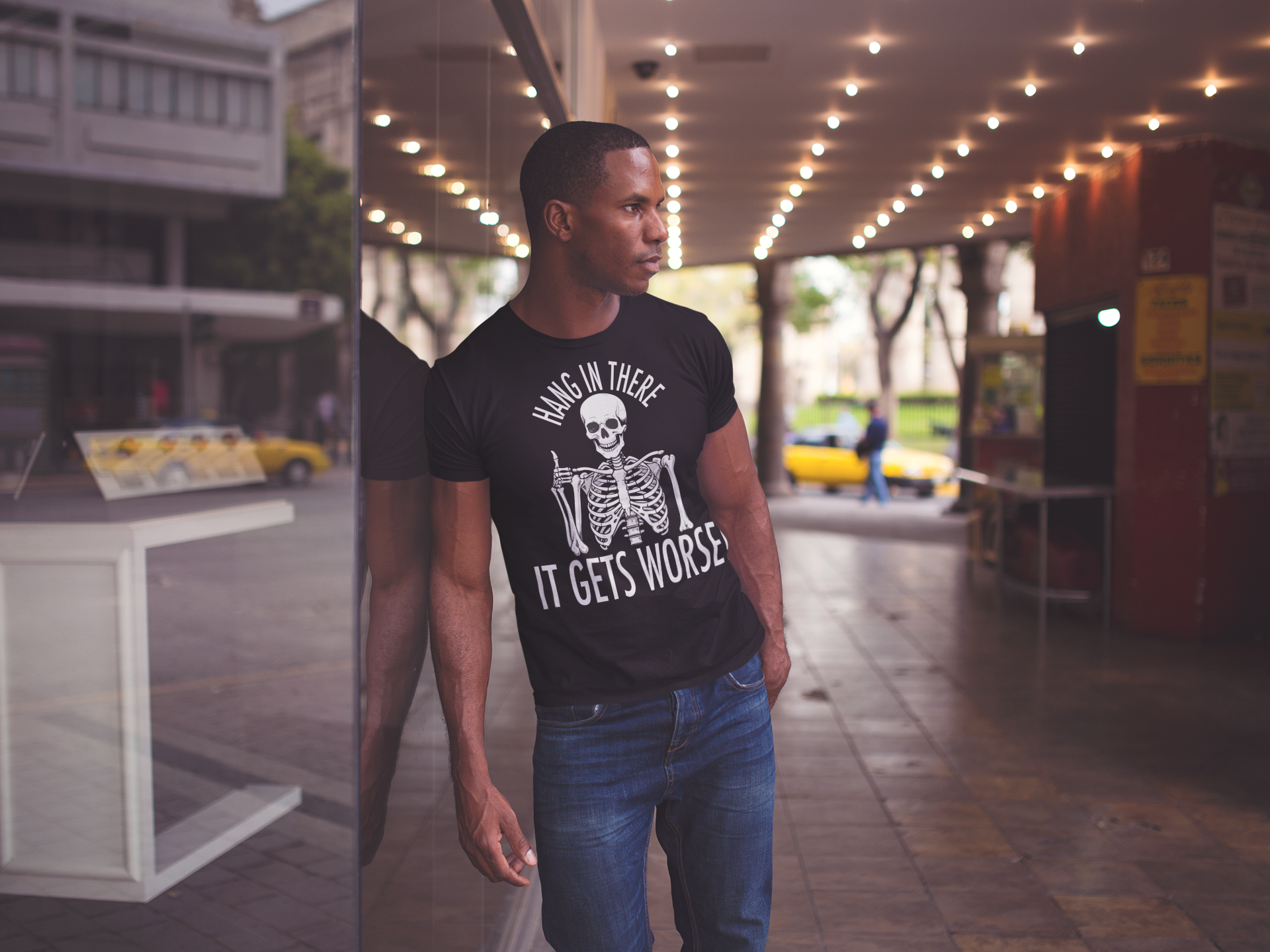 Hang In There Skeleton It Gets Worse T-Shirt | Funny Halloween Skull Tee
