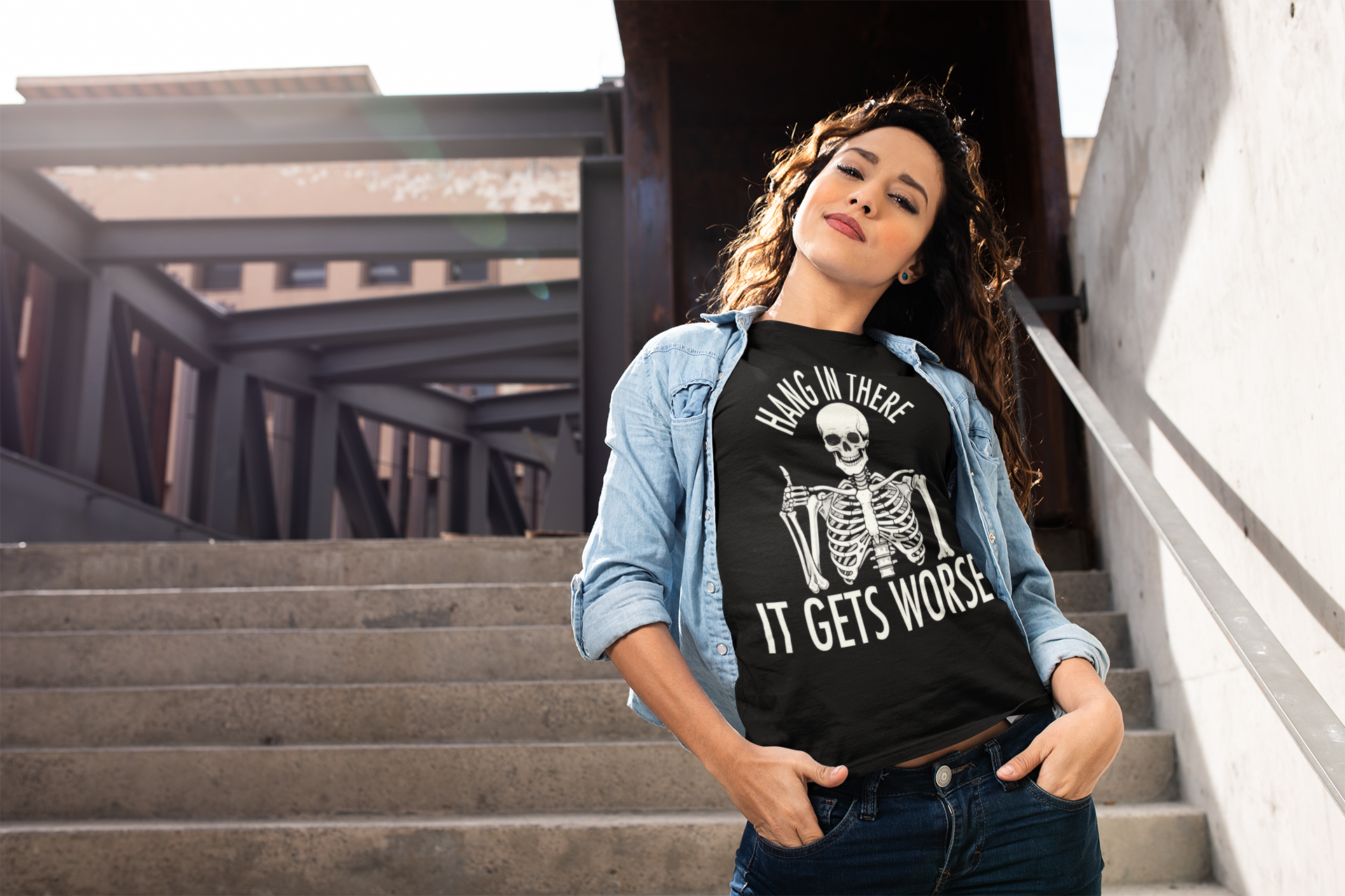Hang In There Skeleton It Gets Worse T-Shirt | Funny Halloween Skull Tee