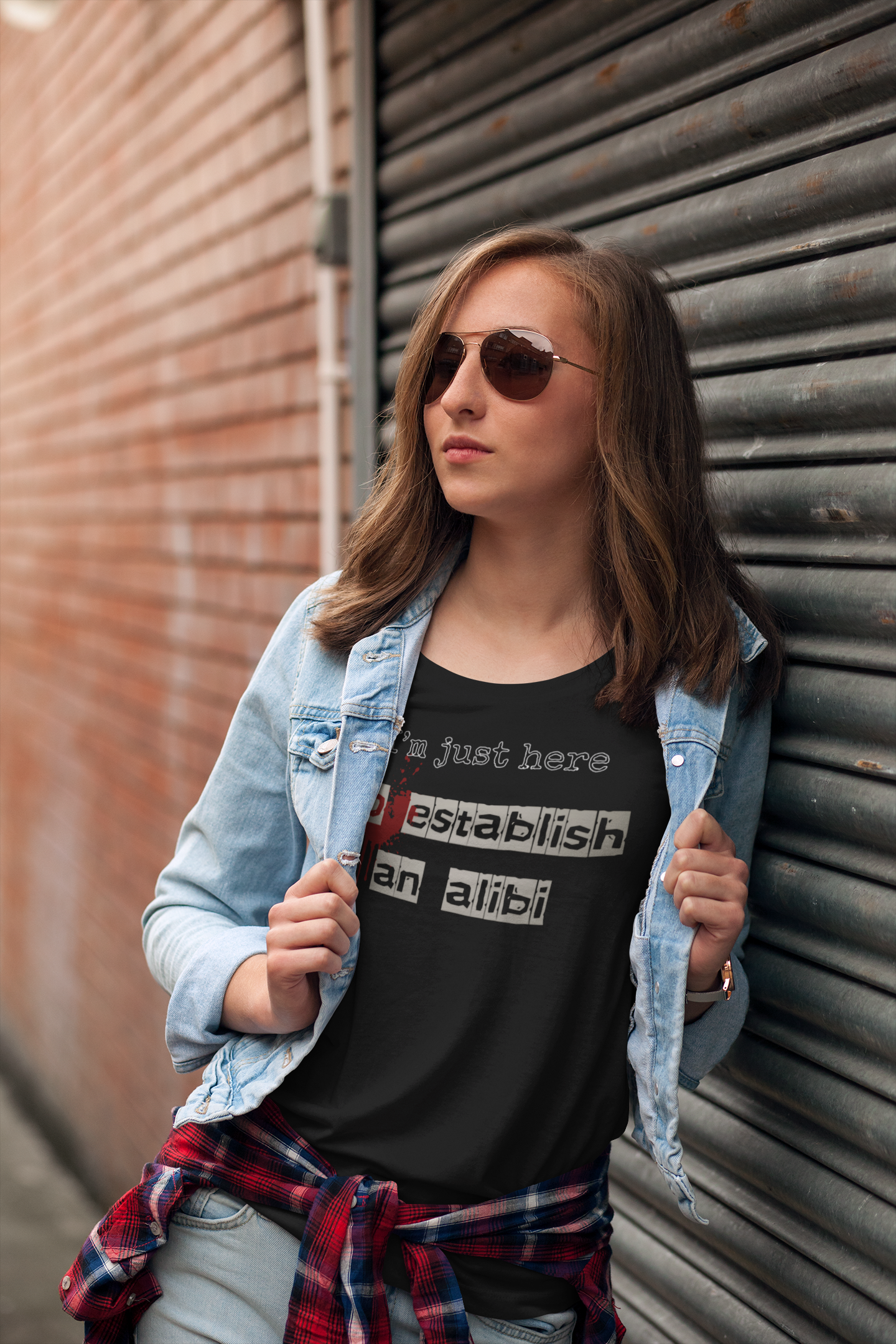 Just Here to Establish an Alibi T-Shirt | True Crime Dark Humor, Blood Splatter Design