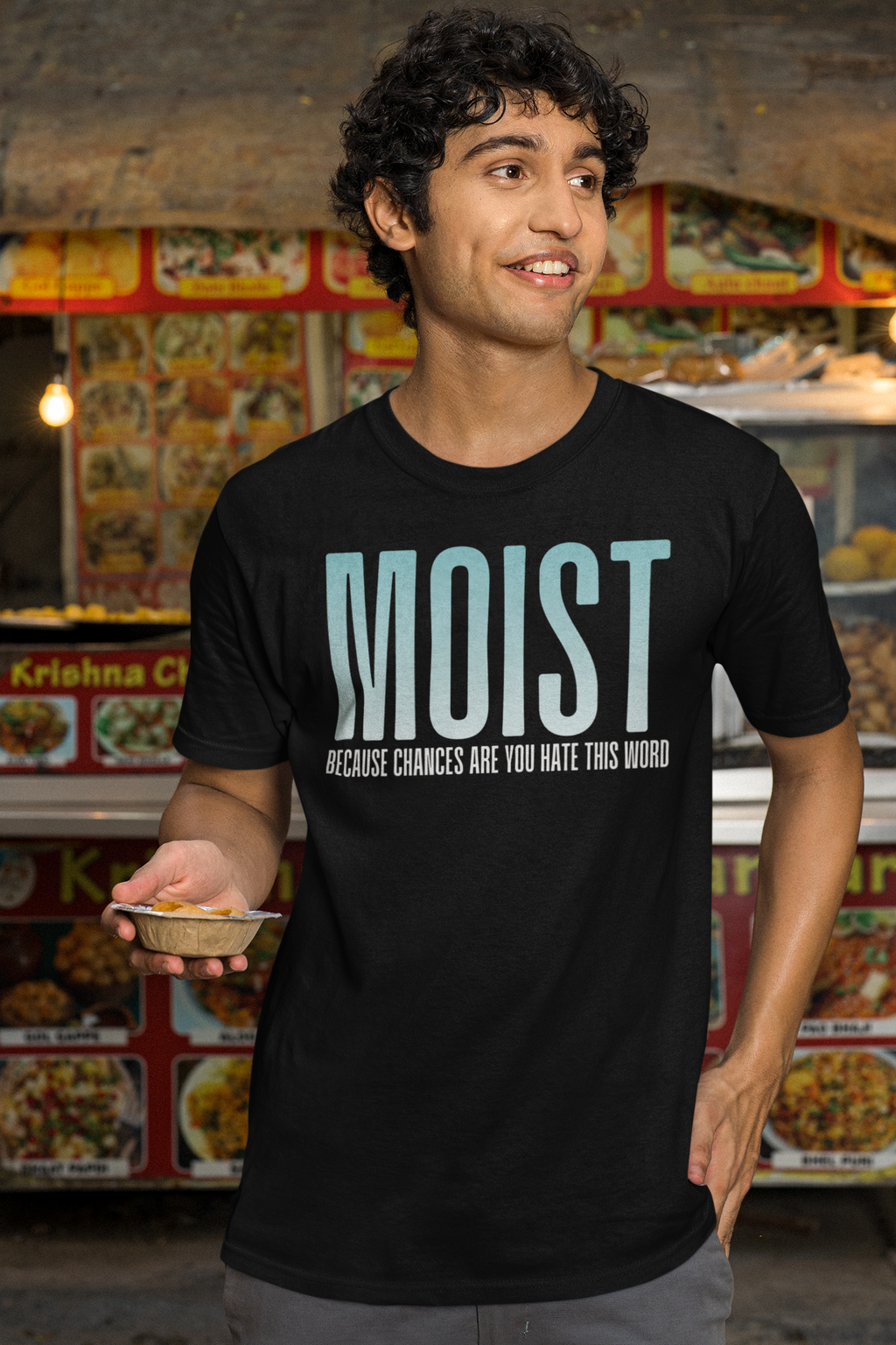 MOIST text humor T-Shirt | Bold gradient typography, sarcastic phrase