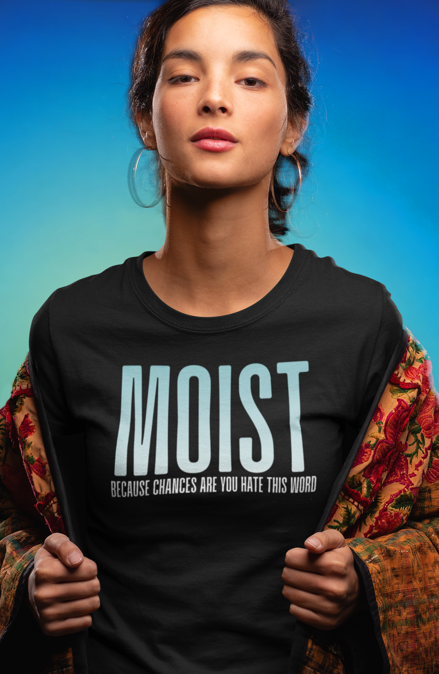 MOIST text humor T-Shirt | Bold gradient typography, sarcastic phrase