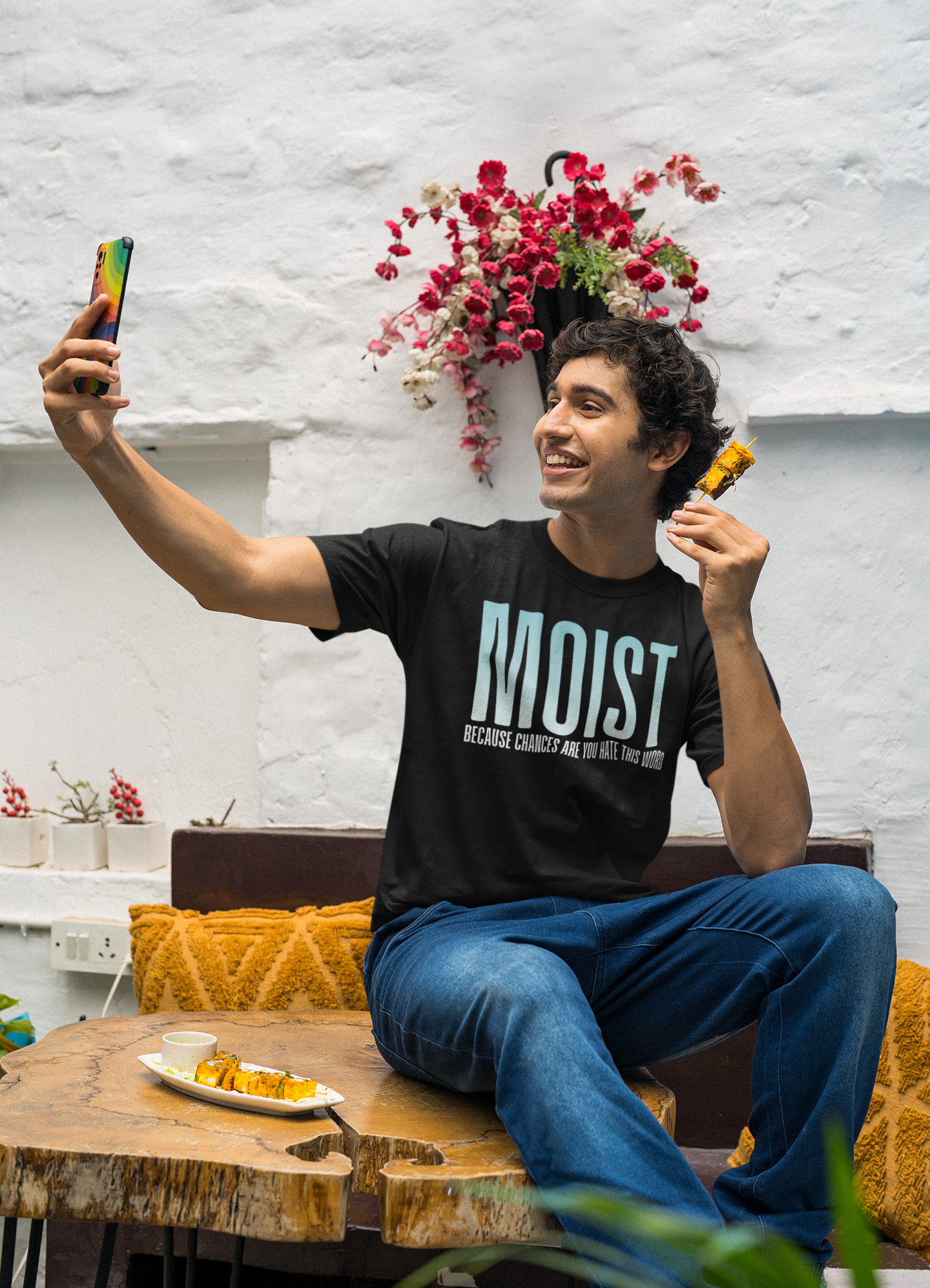 MOIST text humor T-Shirt | Bold gradient typography, sarcastic phrase