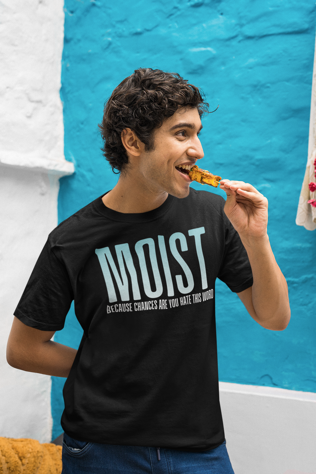 MOIST text humor T-Shirt | Bold gradient typography, sarcastic phrase
