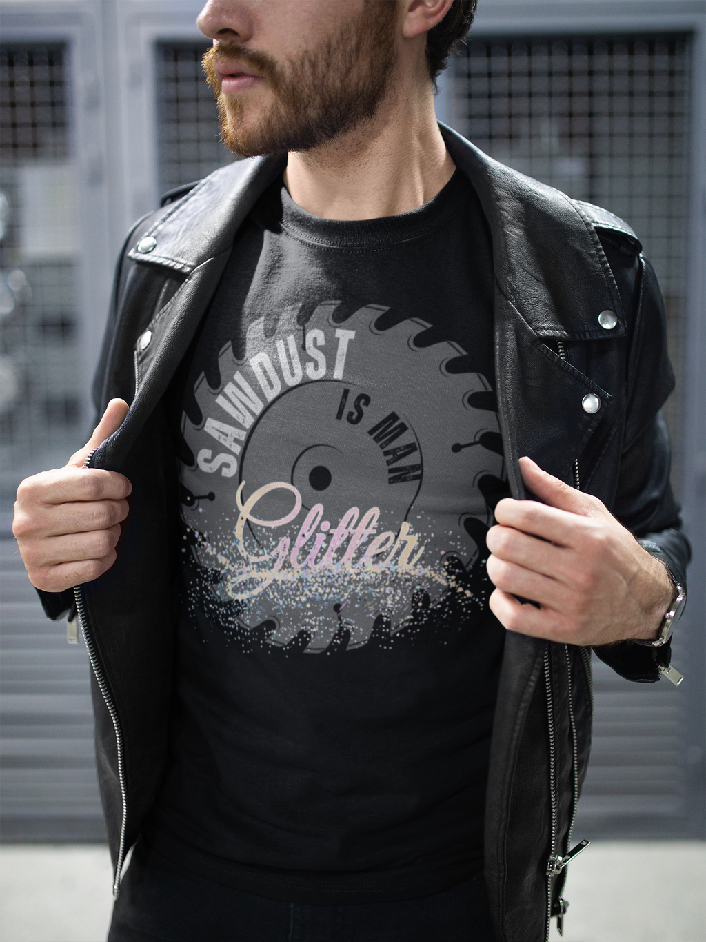 Sawdust Is Man Glitter T-Shirt | Circular Saw Blade Illustration, Glitter Script