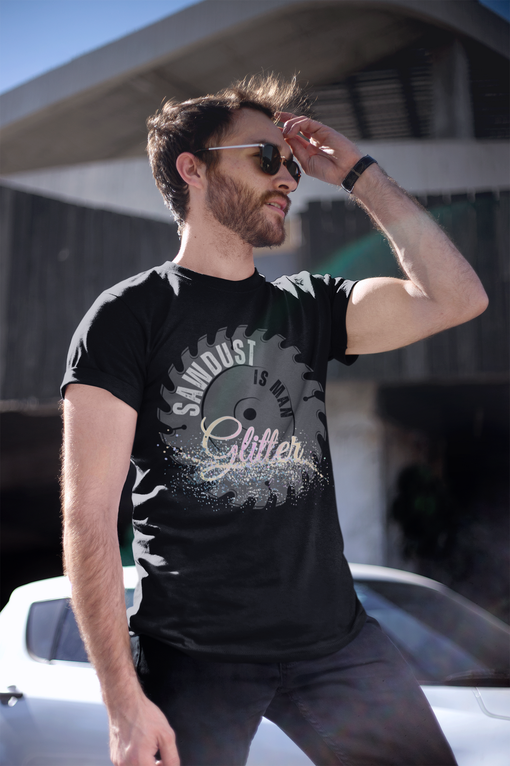 Sawdust Is Man Glitter T-Shirt | Circular Saw Blade Illustration, Glitter Script