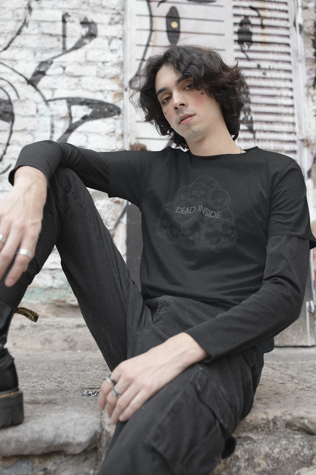 Dead Inside Skull T-Shirt | Gloss Black on Matte Black