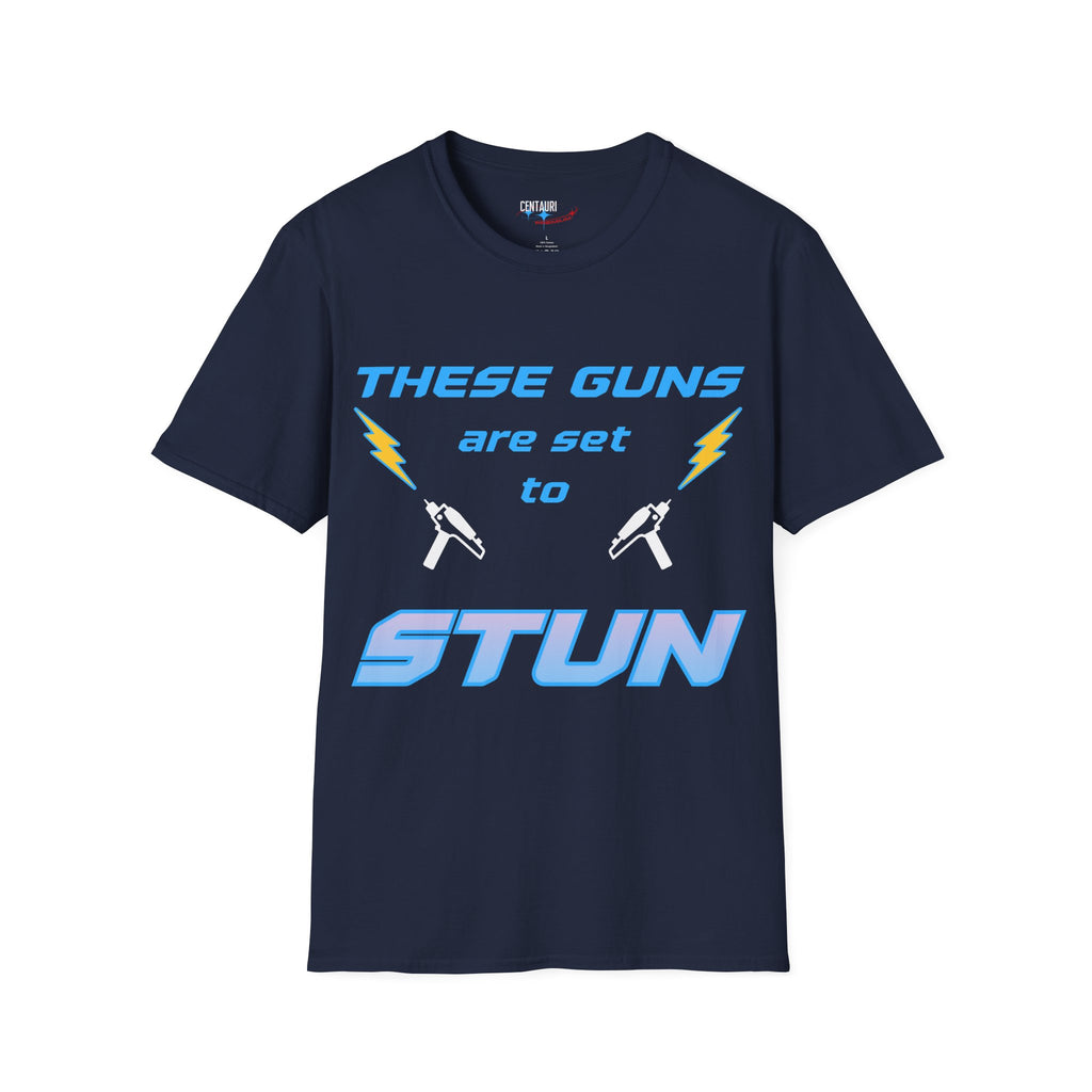 These Guns Are Set to Stun T-Shirt | Lightning Bolt Retro Text Tee