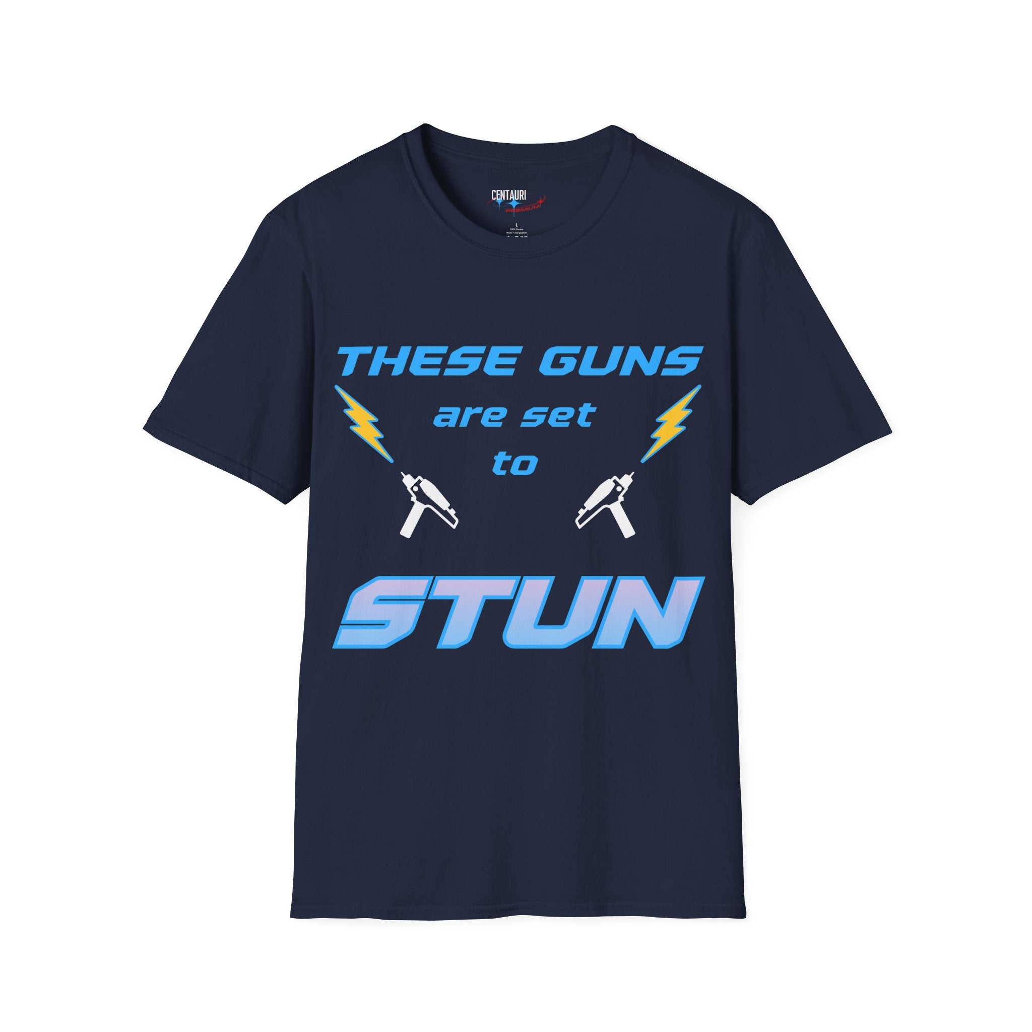 These Guns Are Set to Stun T-Shirt | Lightning Bolt Retro Text Tee
