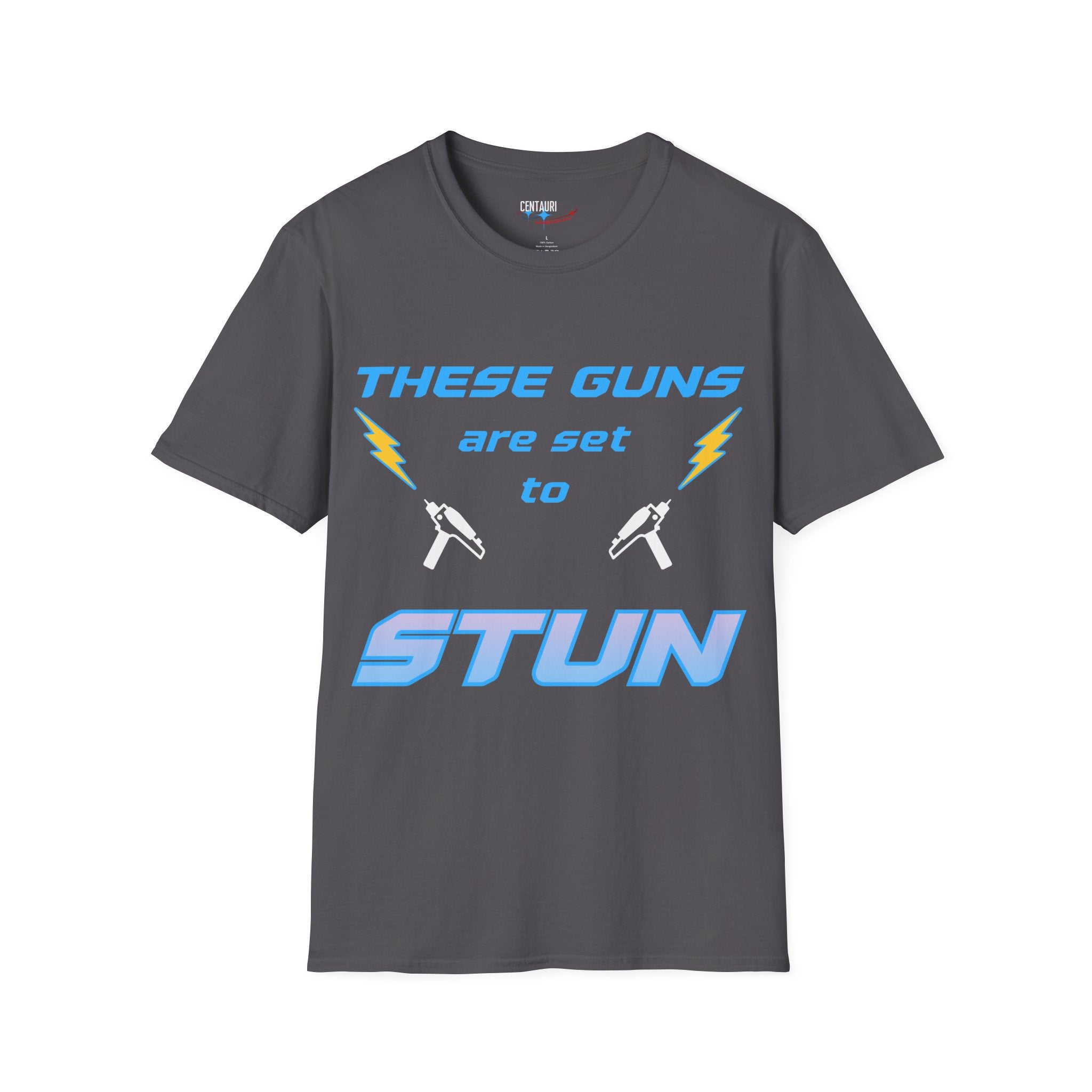These Guns Are Set to Stun T-Shirt | Lightning Bolt Retro Text Tee