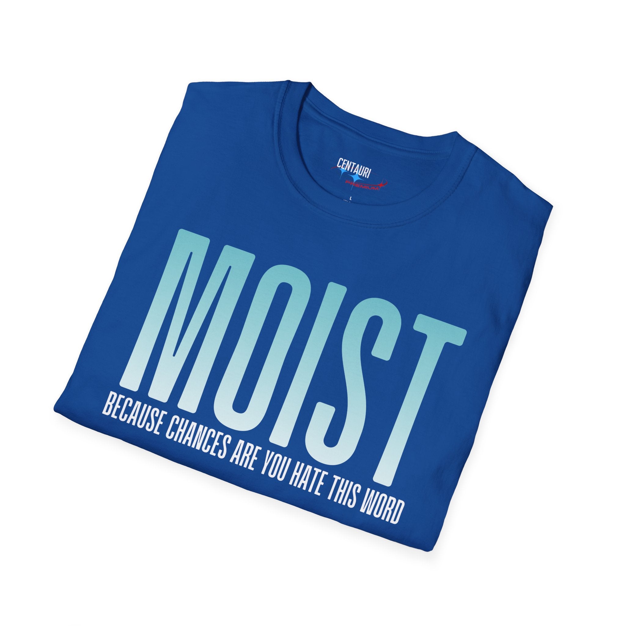 MOIST text humor T-Shirt | Bold gradient typography, sarcastic phrase
